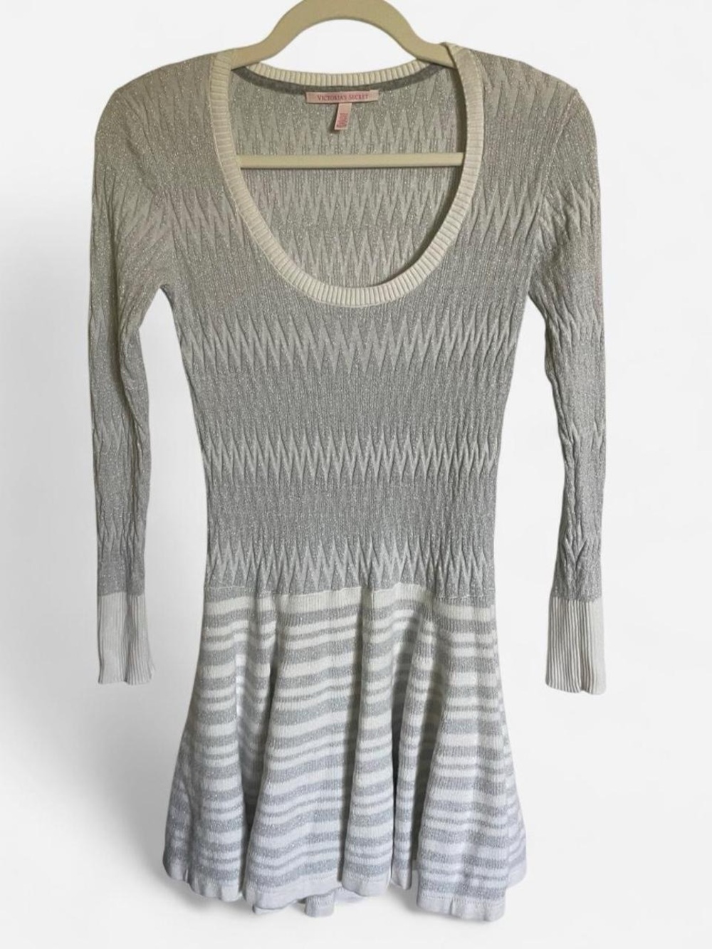 Victoria’s Secret Metallic Silver White Stripe Knit Sweater Mini Dress XS